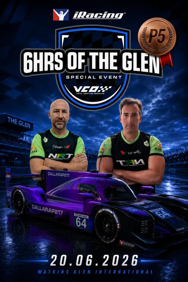 Cartaz oficial 6 Horas de Watkins Glen 2026 (VCO · iRacing) — NRT em P5, Albuquerque e Maurício Fragoso, Dallara P217 LMP2 #64